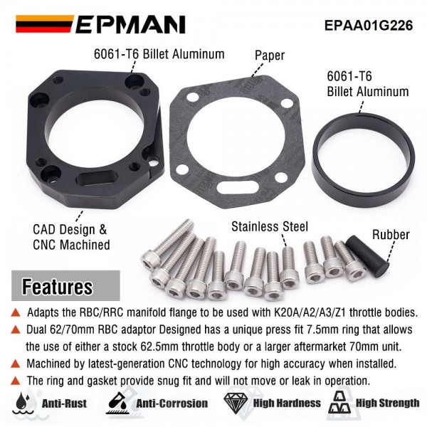 EPMAN RBC / RRC Dual Throttle Body Adapter (62/70mm) For K-Series K20 K24 Performance Intake Manifold EPAA01G226