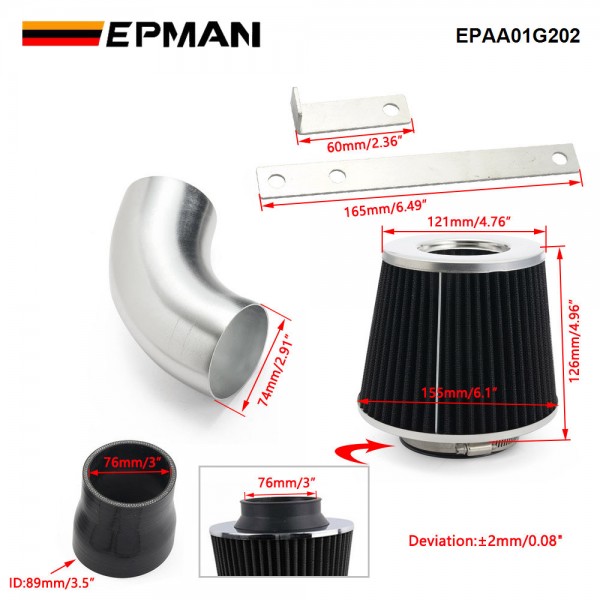 EPMAN Cold Air Intake Pipe, 76mm 3 Inch Universal Car Cold Air Intake Turbo Filter Aluminum Induction Flow Hose Pipe Kit EPAA01G202