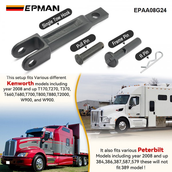 EPMAN A20-6014 Single Tow Hook Compatible with Peterbilt/Kenworth with Pull Pin (A65-6008) and Frame Pin (A65-6007) EPAA08G24