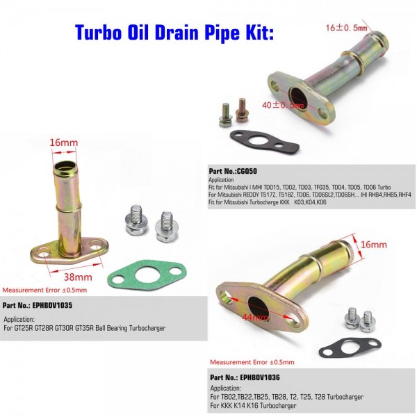 Epman Turbo Oil Return Pipe Kit M8 44mm for T2 T25 T28 TB02 TB25 TB28 K14 K16 Turbochargers EPHBOV1036