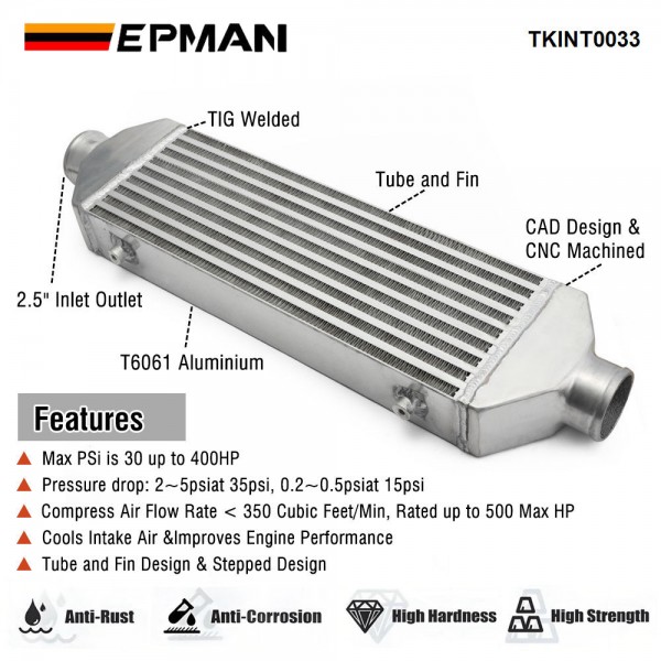 EPMAN Front Mount Intercooler Turbo Heat Cooler 2.5in Inlet 450*160*65mm Universal Radiator Engine Aluminum Intercooler Car Accessory TKINT0033