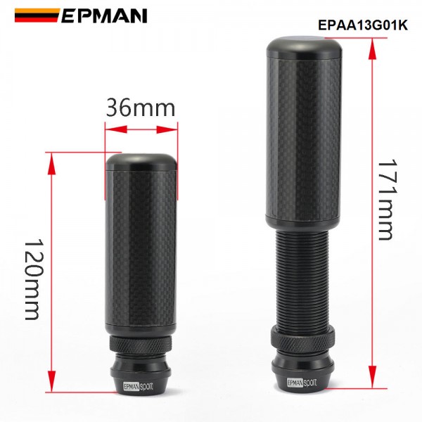 EPMAN Real Carbon Fiber Stealth Adjustable Height Gear Knob M12 x 1.25 With M10 x 1.5 M10 x 1.25 M8 x 1.25 Thread Racing Shift Knob EPAA13G01K